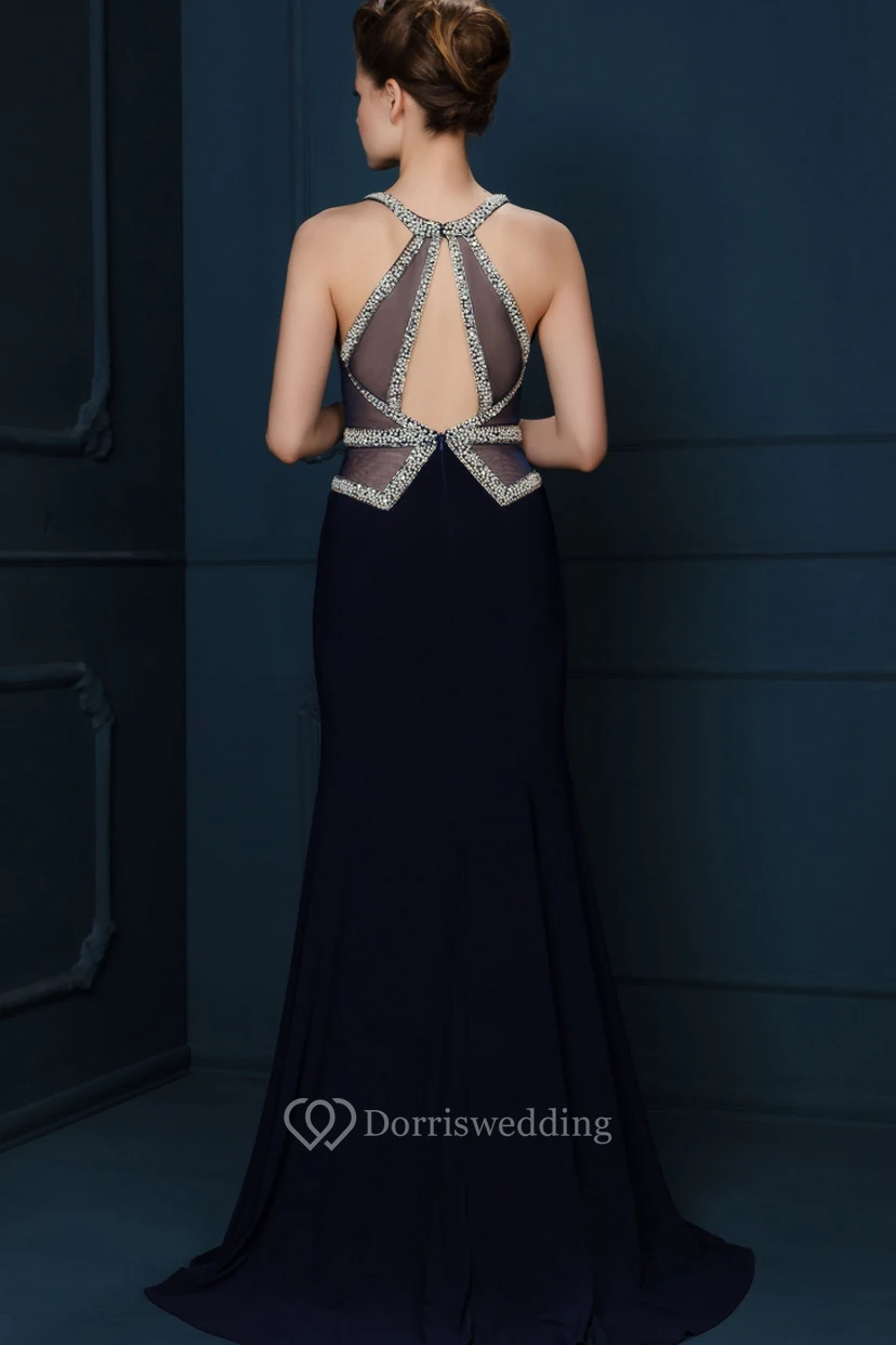 Sleeveless Beaded Scoop Neck Chiffon Evening Dress With Brush Train view 2