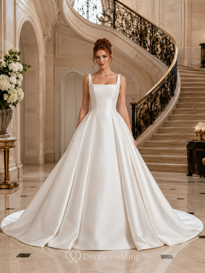 Vestido de novia de satén y tul, estilo princesa, con escote cuadrado, sin mangas, cola larga y espalda en V baja.