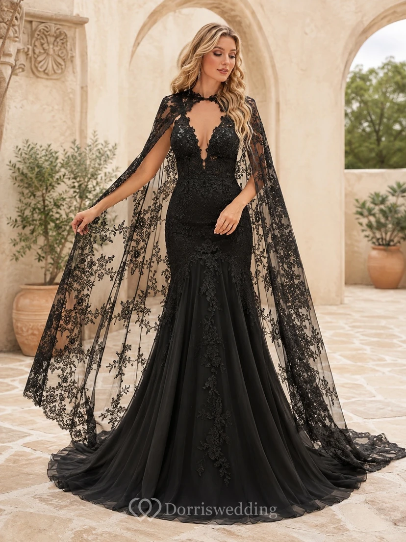 Vestido de novia negro vintage romántico de manga larga estilo sirena con cuello alto y encaje