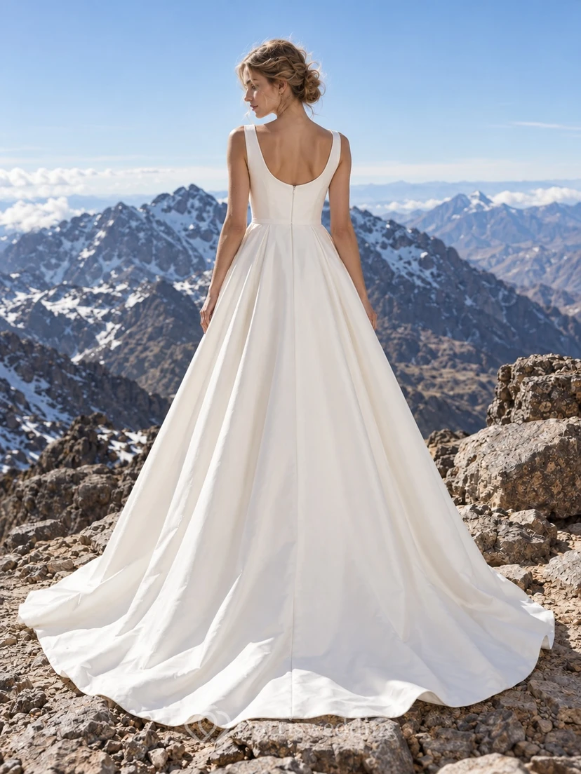 Vestido de novia sencillo de satén con escote barco, sin mangas, corte en A, cintura fruncida y espalda baja. view 2