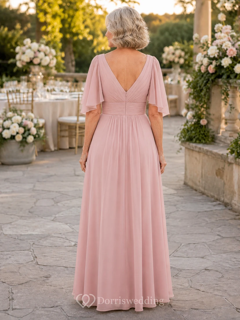 Blush V neck flutter sleeve pleated chiffon grandmother gown view 2