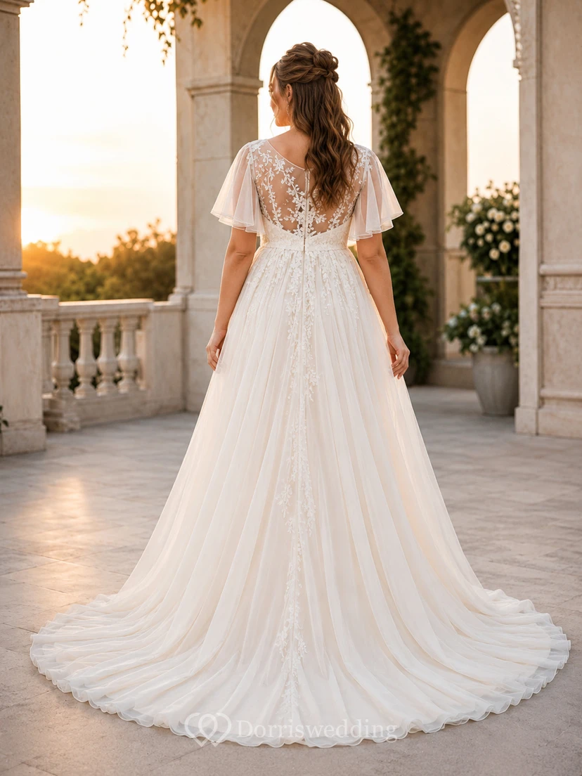 Maternity Romantic Flutter Sleeve Lace Chapel Train Wedding Dress view 2