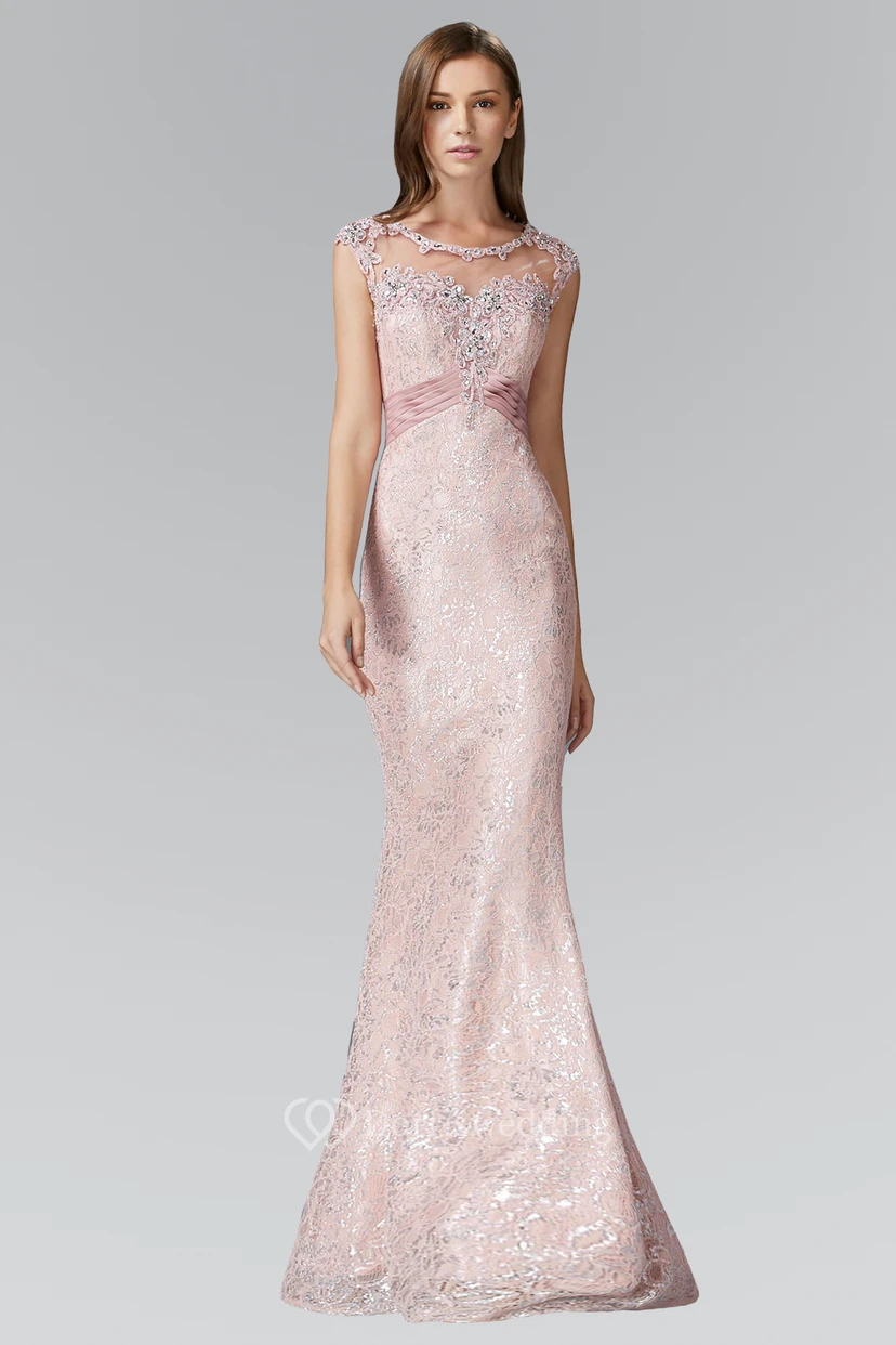 Sheath Long Scoop-Neck Cap-Sleeve Lace Keyhole Dress With Beading
