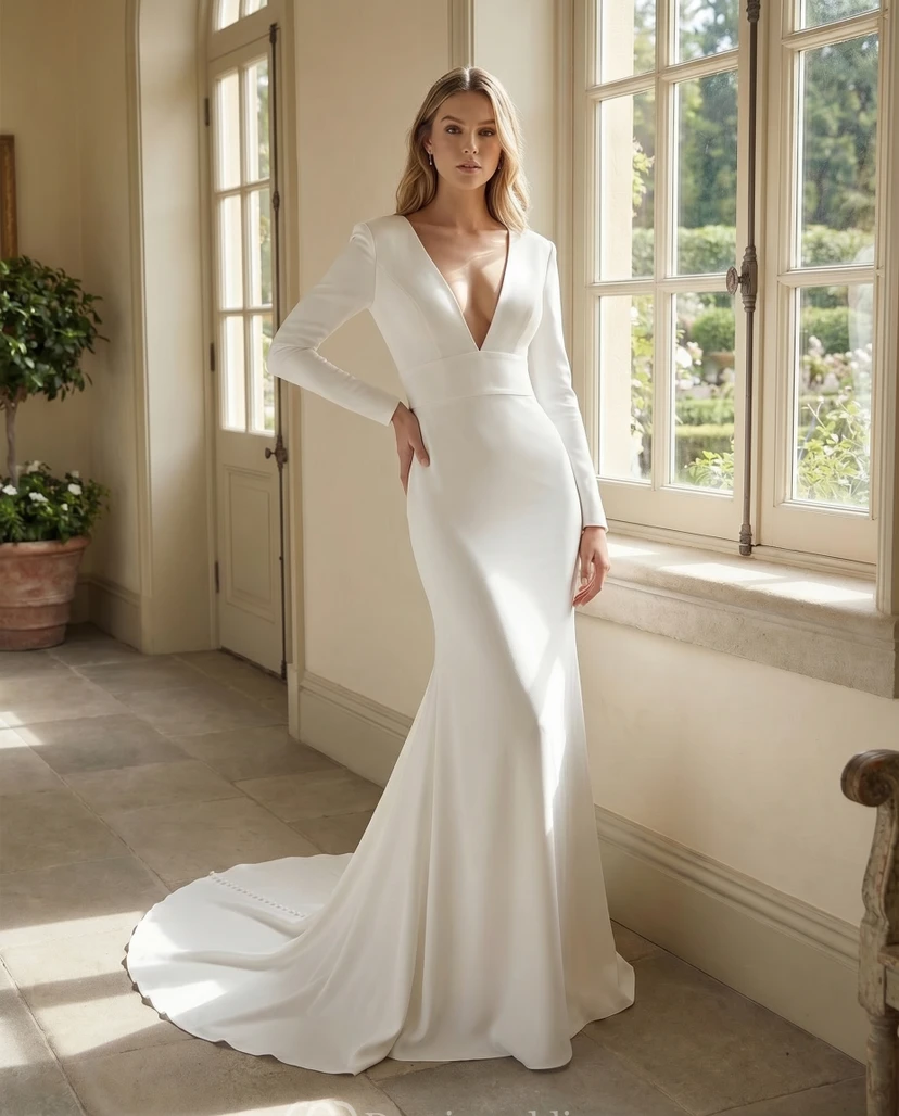 Minimalistisches Meerjungfrauen-Brautkleid aus Crêpe mit langen Ärmeln, tiefem V-Ausschnitt am Rücken und Kapellenschleppe