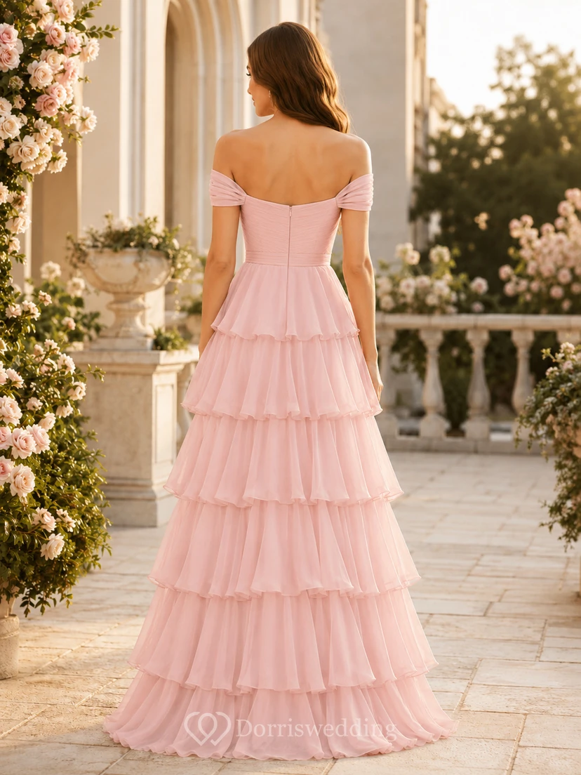 Zartrosa, schulterfreies, bodenlanges A-Linien-Kleid aus gestuftem Rüschen-Tüll mit Rüschen, das sich perfekt für festliche Anlässe eignet view 2
