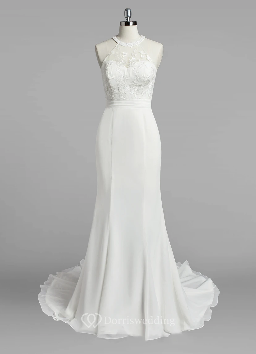 Jewel Neck Mermaid Chiffon Wedding Dress With Lace Bodice