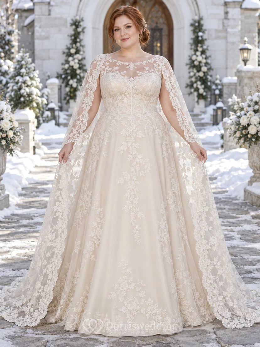 Vestido de novia de talla grande con manga larga, encaje floral y capa, corte A