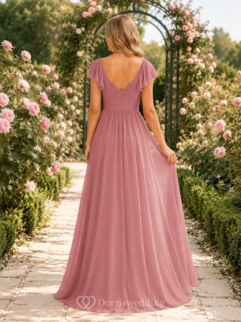 Dusty Rose Rose Garden A-Line Chiffon Bridesmaid Dress with V-Neck Flutter Sleeve Bodice, Pleated Floor-Length Skirt and Low V Back view 2