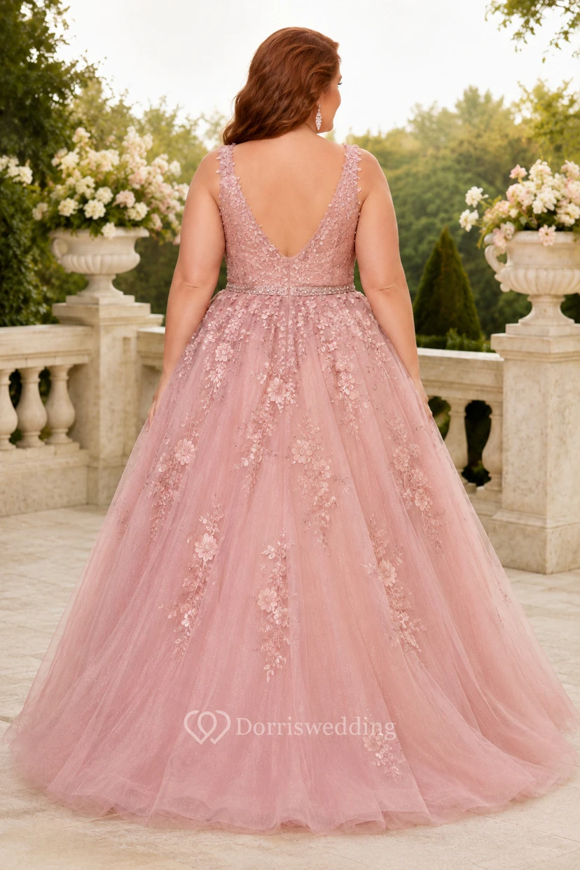 Plus Size Blushing Pink Tulle Ball Gown with Floral Applique Bodice view 2