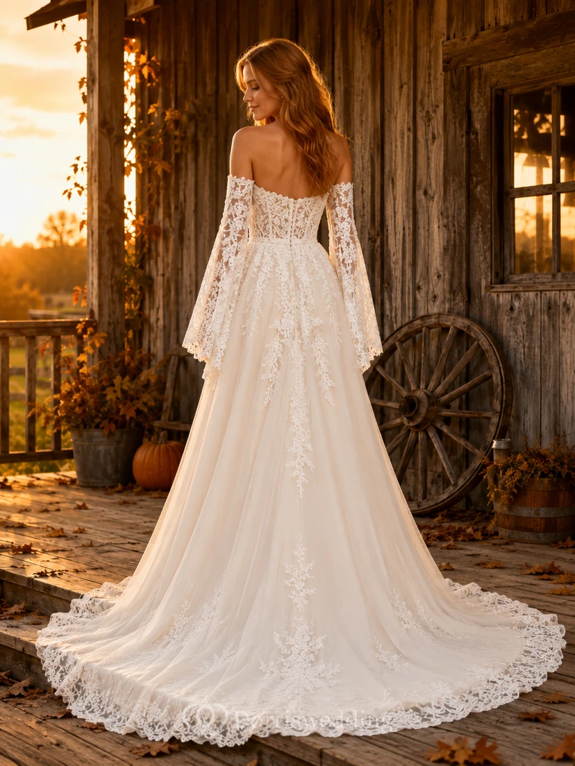 Fall Boho Off Shoulder Bell Sleeve A-Line Wedding Dress view 2