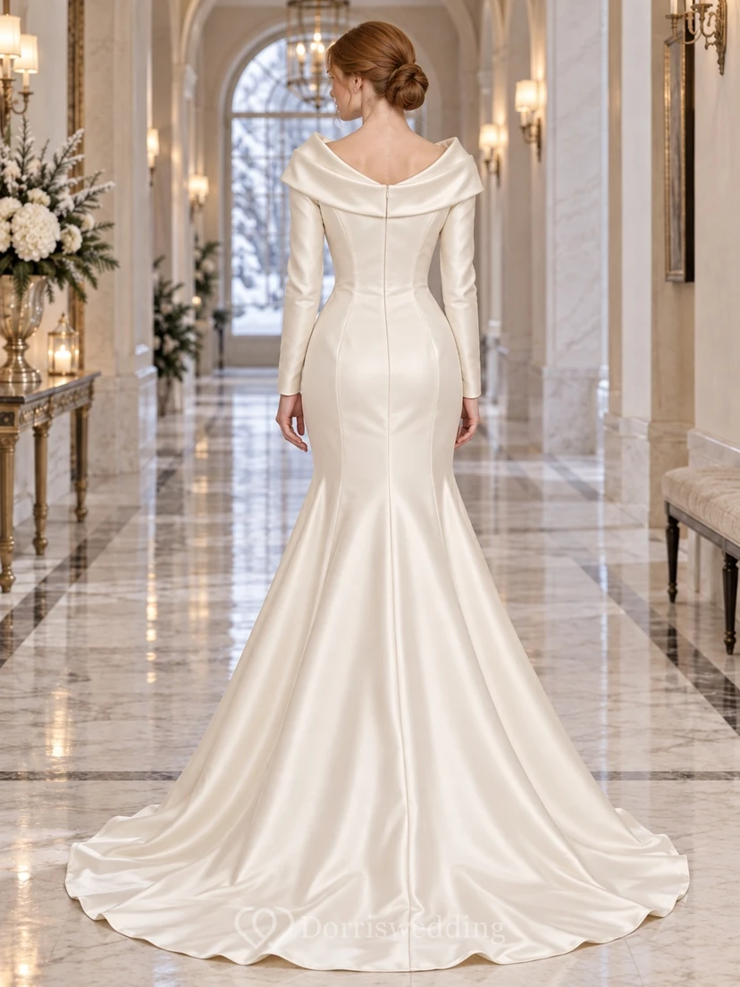 Vestido de novia de satén con cuello drapeado y mangas largas estilo sirena view 2