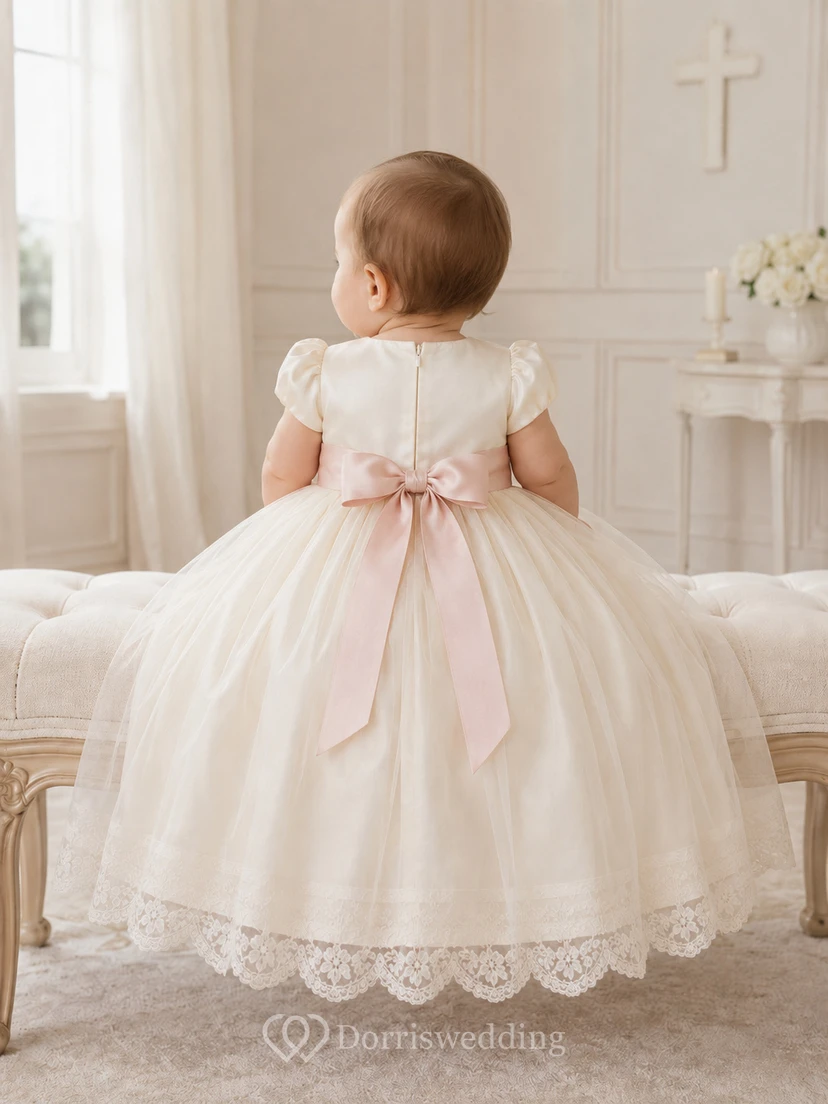 Baby Baptism Christening Ceremony Dress A-Line Knee-Length Jewel Neck Short Sleeve Tulle Lace Ribbon Sash Bow Back Button Back view 2