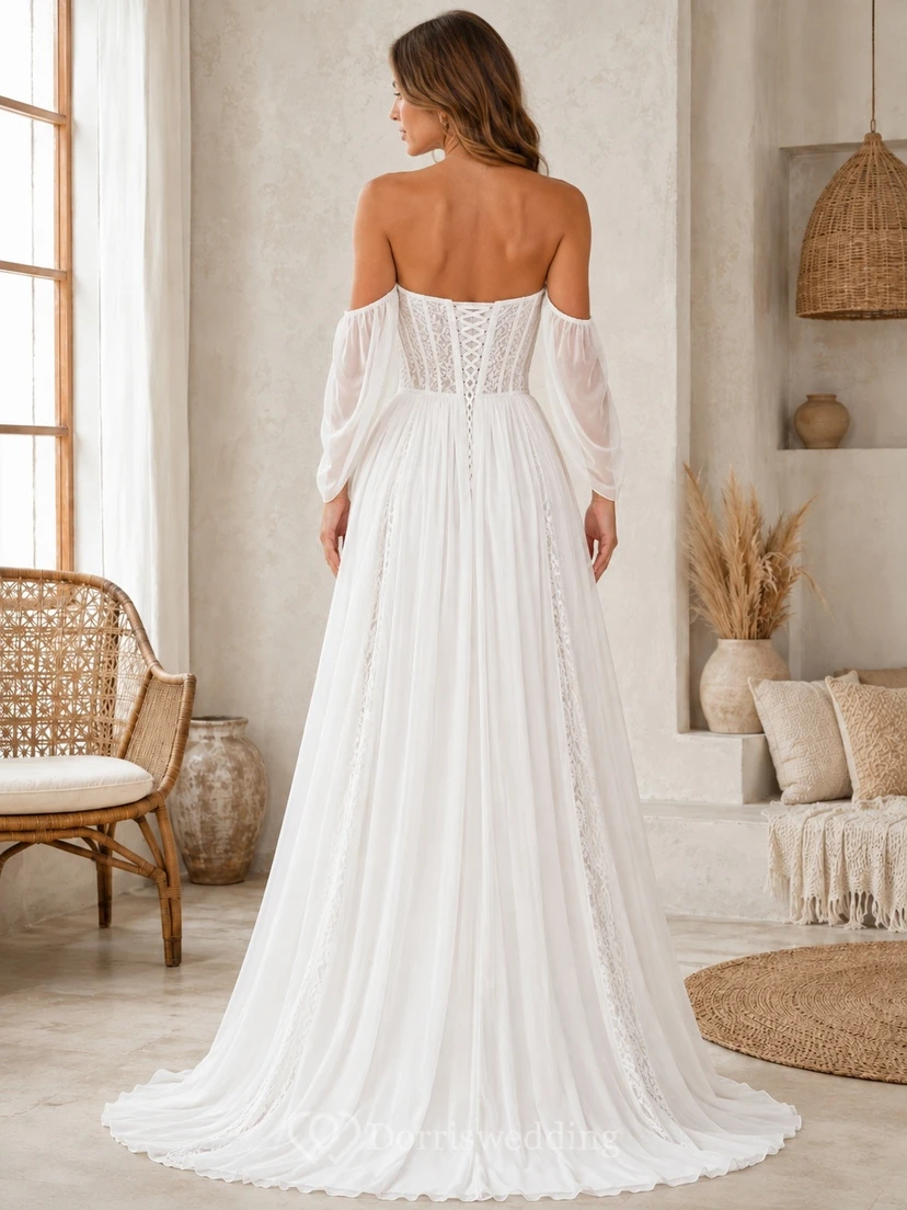 Bohemian Romantic Off-Shoulder Long-Sleeve Tulle-Lace A-Line Sweep-Train Wedding Dress view 2