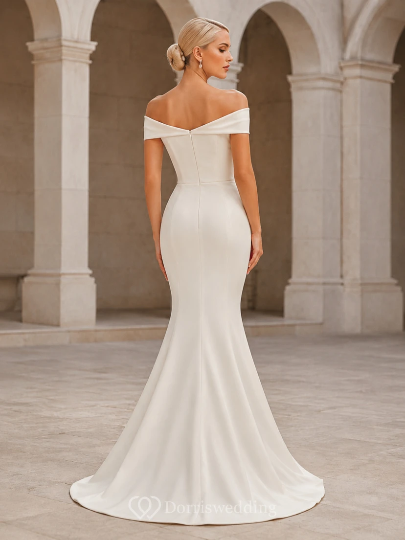 Robe de mariée sirène sculptée, longue jusqu'au sol, épaules dénudées, manches courtes, en satin élégant view 2