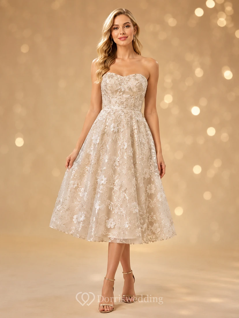 Champagne Strapless Floral Sequin Tea-Length A-Line Cocktail Dress