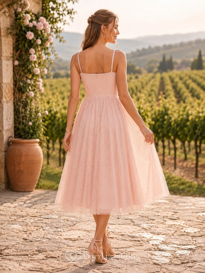 Blush Tea-Length Square Strap Tulle Romantic Adorable Wedding Guest Dress view 2