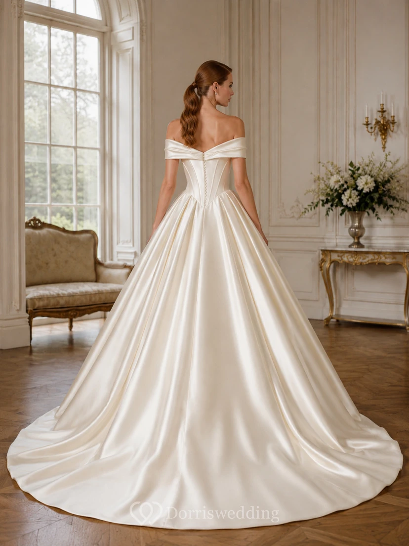 Robe de mariée minimaliste en satin, robe de bal à épaules dénudées et traîne. view 2