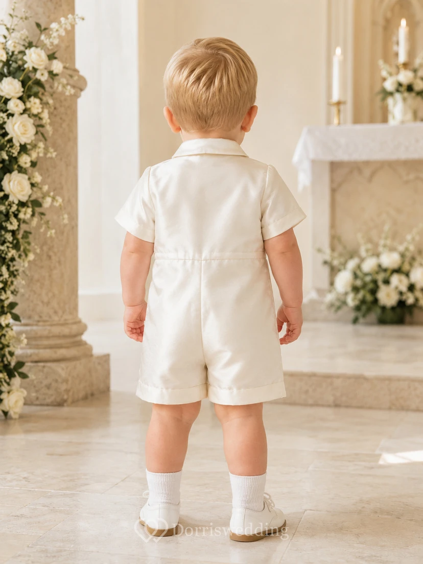 Ivory Tailored Pintuck Button Bib Short Sleeve Christening Romper for Baby Boy view 2