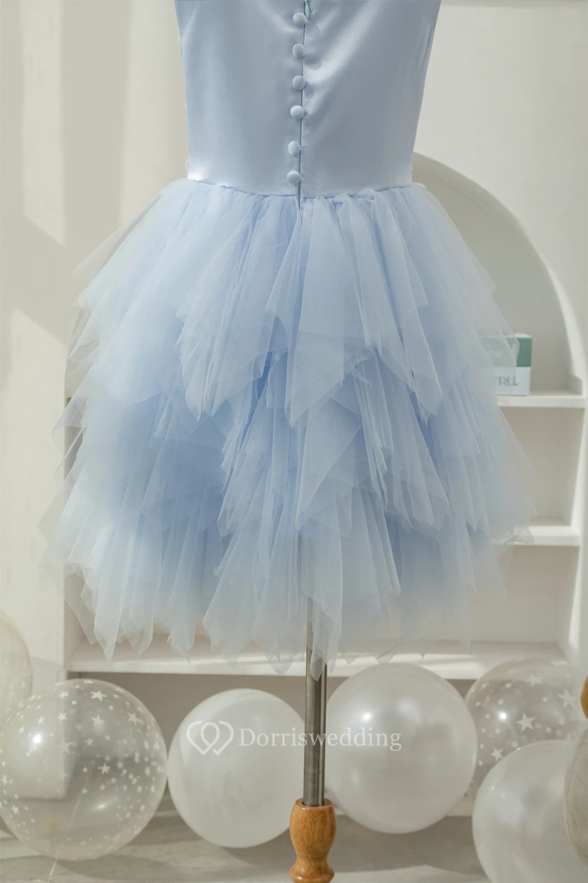 Sky Blue Scoop-neck Applique Ruffled Tulle Short Flowergirl Dress view 7