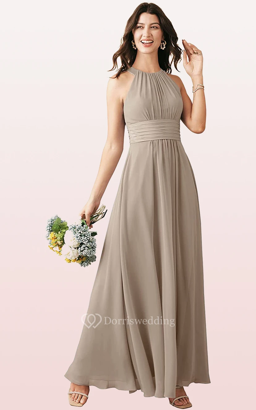 Modern Halter A Line Sleeveless Ankle-length Chiffon Bridesmaid Dress With Ruching view 2