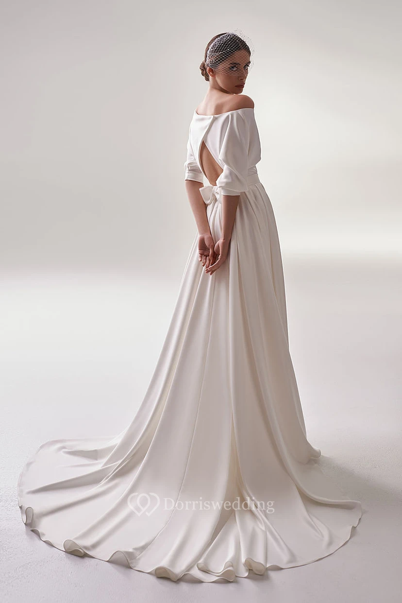 Schlichtes Chiffon-Hochzeitskleid mit Rundhalsausschnitt und halben Ärmeln view 2