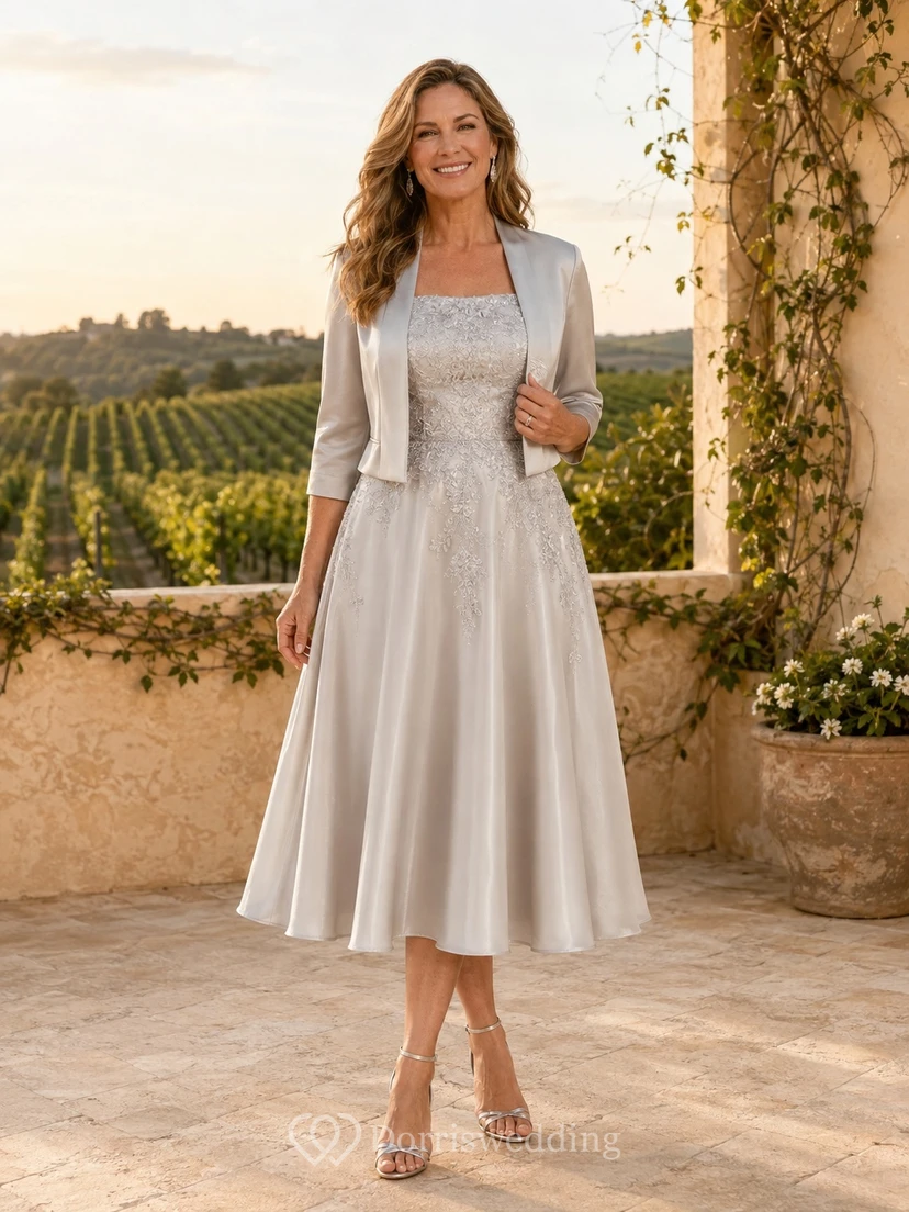 Elegantes zweites Hochzeitskleid für ältere Bräute: Satin-Bolero mit eckigem Ausschnitt, A-Linie, Teelänge