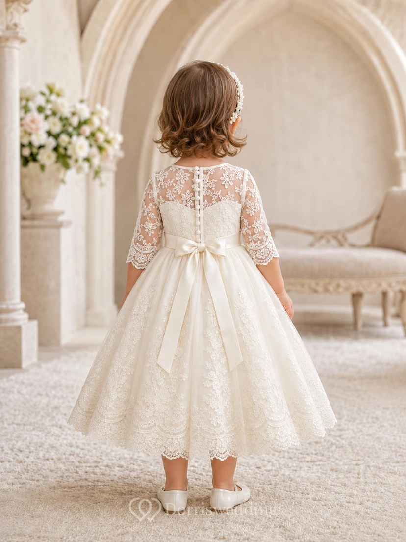 Modest Baby Baptism Christening Ceremony Dress A-Line Tea-Length Jewel Neck Long Lace Sleeve Tulle Lace Bow Back Button Back view 2