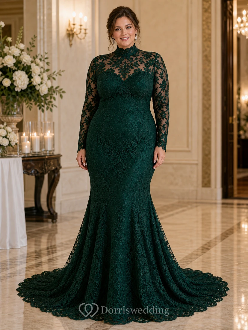 Schwarzes Meerjungfrauen-Hochzeitskleid aus Spitze mit hohem Kragen und langen Ärmeln view 4