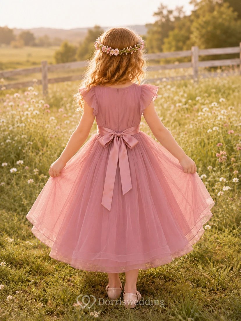 Flower Girl Dress Dusty Rose Tulle A-Line Short Sleeve Jewel Neck Tea Length Bow Detail Ruffle Detail view 2