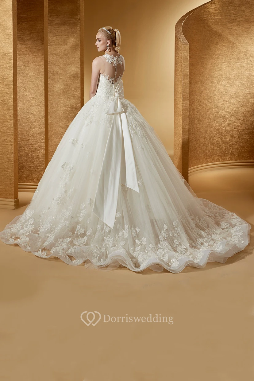 Feminine Cap Sleeve Ball Gown With Illusive Neckline And Back Bow view 2