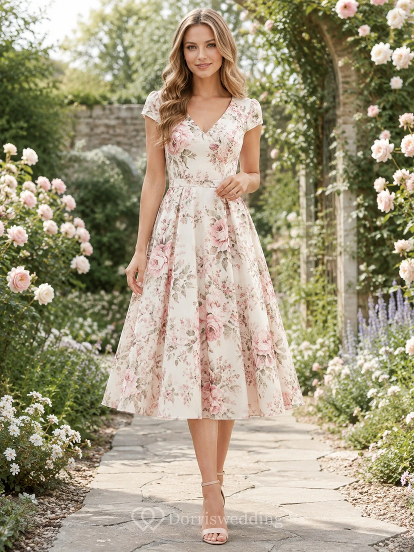 Light Floral V-Neck Cap Sleeve Garden Tea Dress
