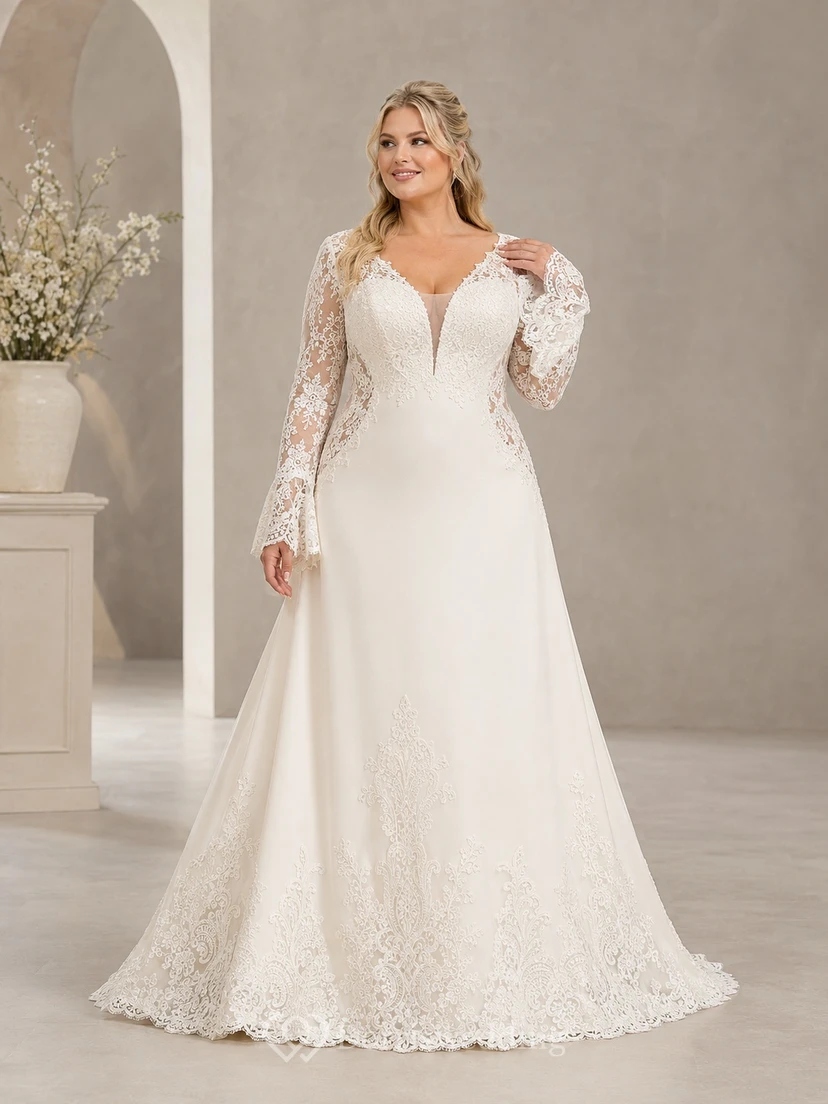 Schlichtes, langärmeliges Brautkleid in A-Linie mit Spitze in großen Größen, V-Ausschnitt und Spitzenbesatz.