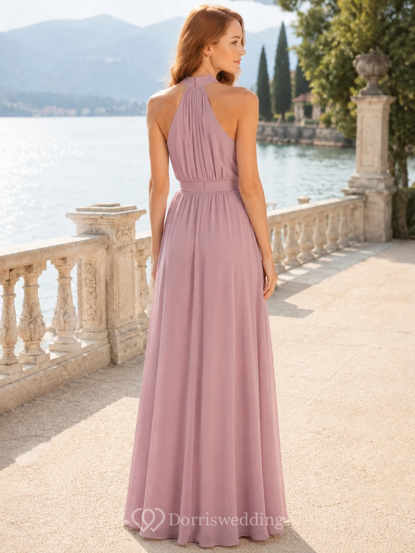 Dusty Rose Halter High Neck Chiffon Floor Length A Line Dress view 2