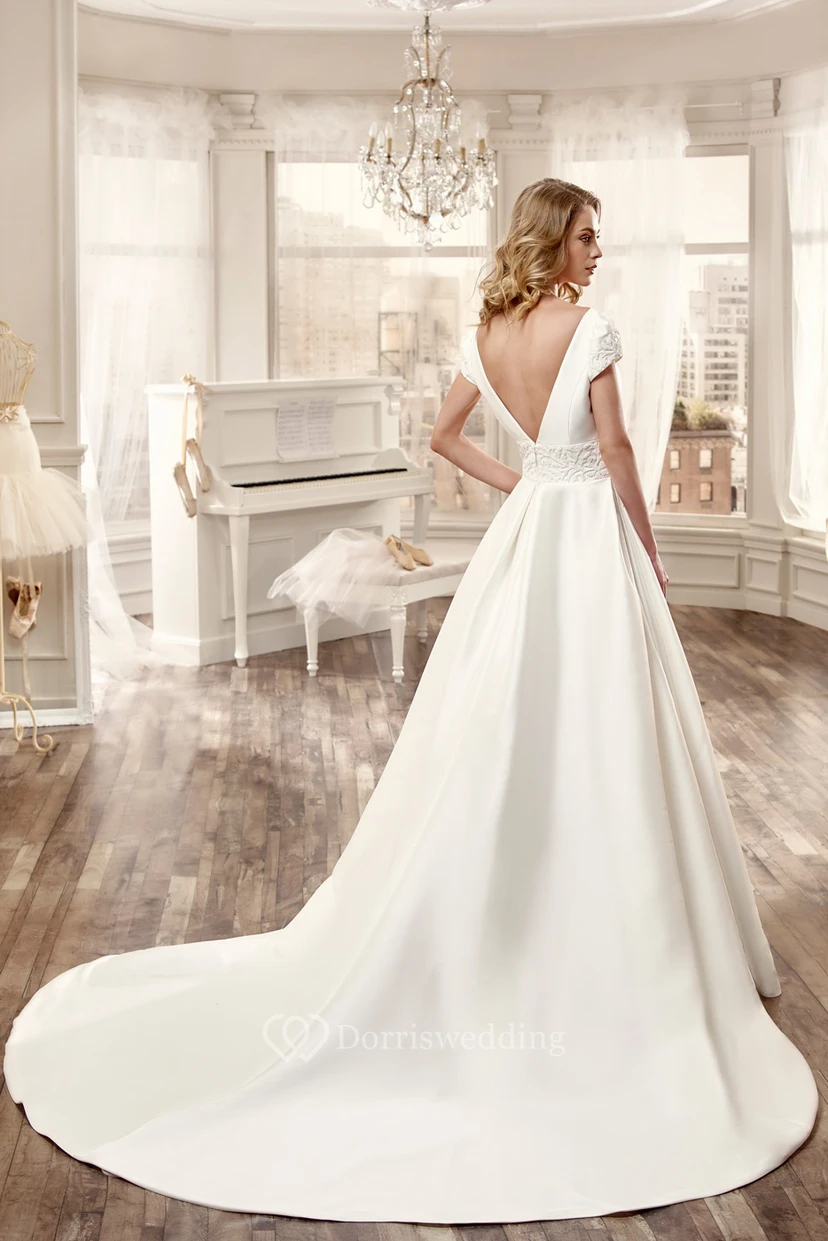 V-Neck Court-Train Satin Long Wedding Dress With Low-V Back And Floral Waistband view 2