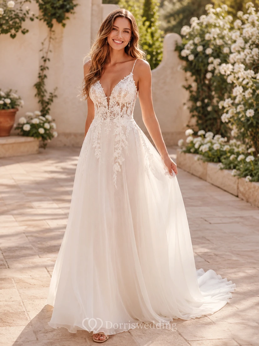 Robe de mariée romantique en dentelle florale, décolleté en V spaghetti, coupe trapèze, traîne courte, style A, robe de mariée à