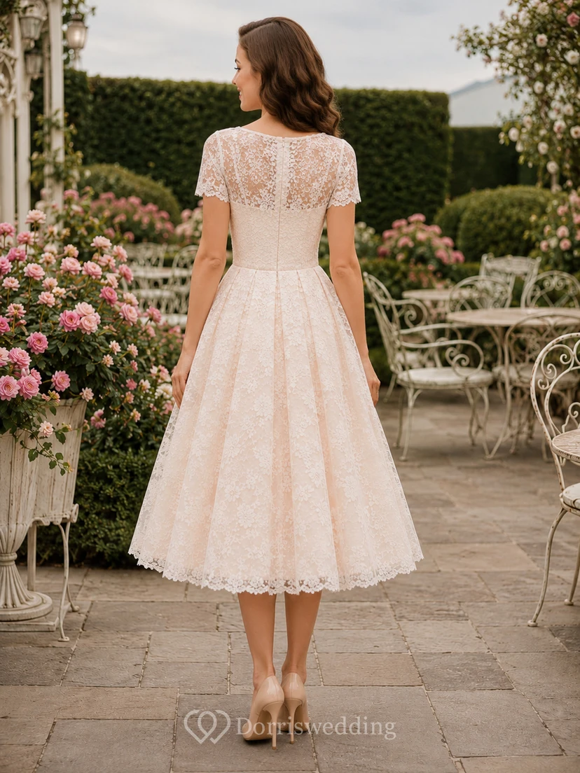 Robe de mariée rétro vintage en dentelle à manches courtes et longueur thé, à petit prix view 2