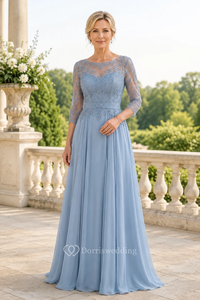 MOB-Kleid aus stahlblauem Chiffon mit Spitze, A-Linie, 3/4-Ärmeln, U-Boot-Ausschnitt, bodenlang