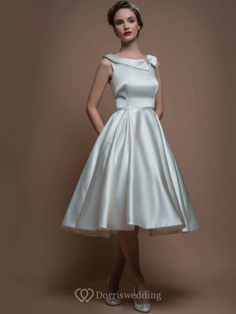A-Line Sleeveless Tea-Length Bateau-Neck Satin Wedding Dress With Broach
