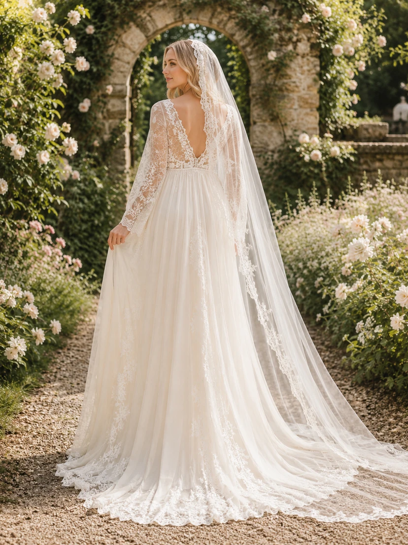 Maternity Wedding Dress V-Neck Long Lace Sleeve Romantic A-Line Gown with Train view 2