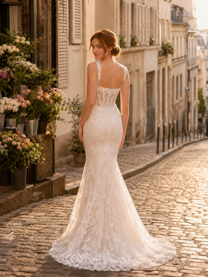 Vestido de novia de encaje estilo sirena con tirantes finos, cola larga y espalda en V baja. view 2
