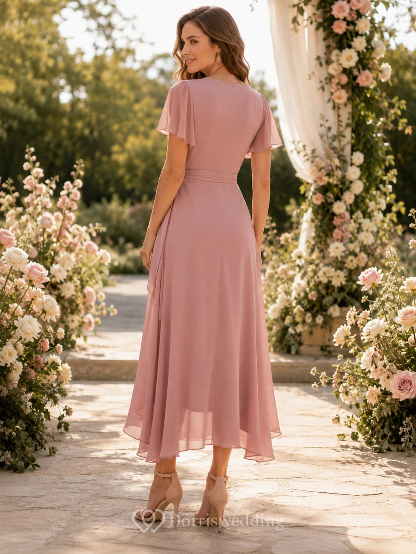Dusty Rose V Neck Flutter Sleeve High Low Guest Dress view 2