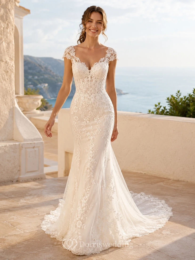 Vestido de novia de encaje con cintura corta y estampado floral estilo sirena.