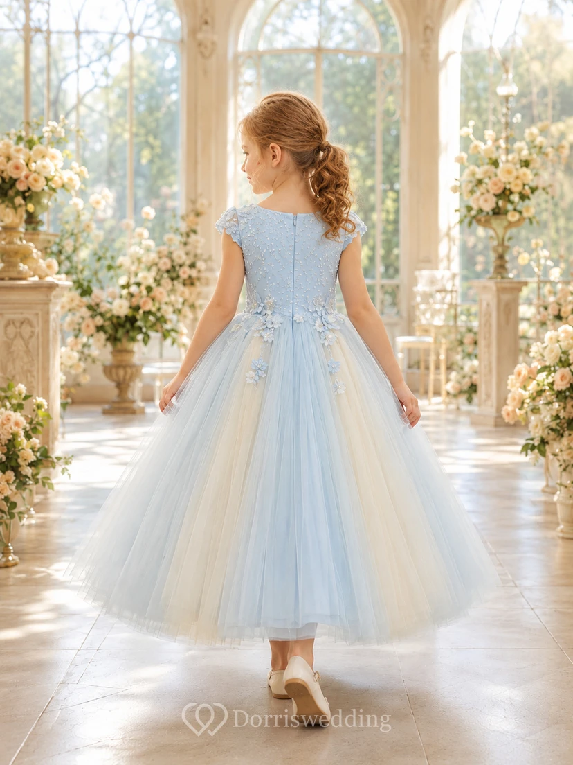 Vestido de niña de las flores azul cielo, encaje, tul, corte en A, cuello joya, largo hasta la rodilla view 2