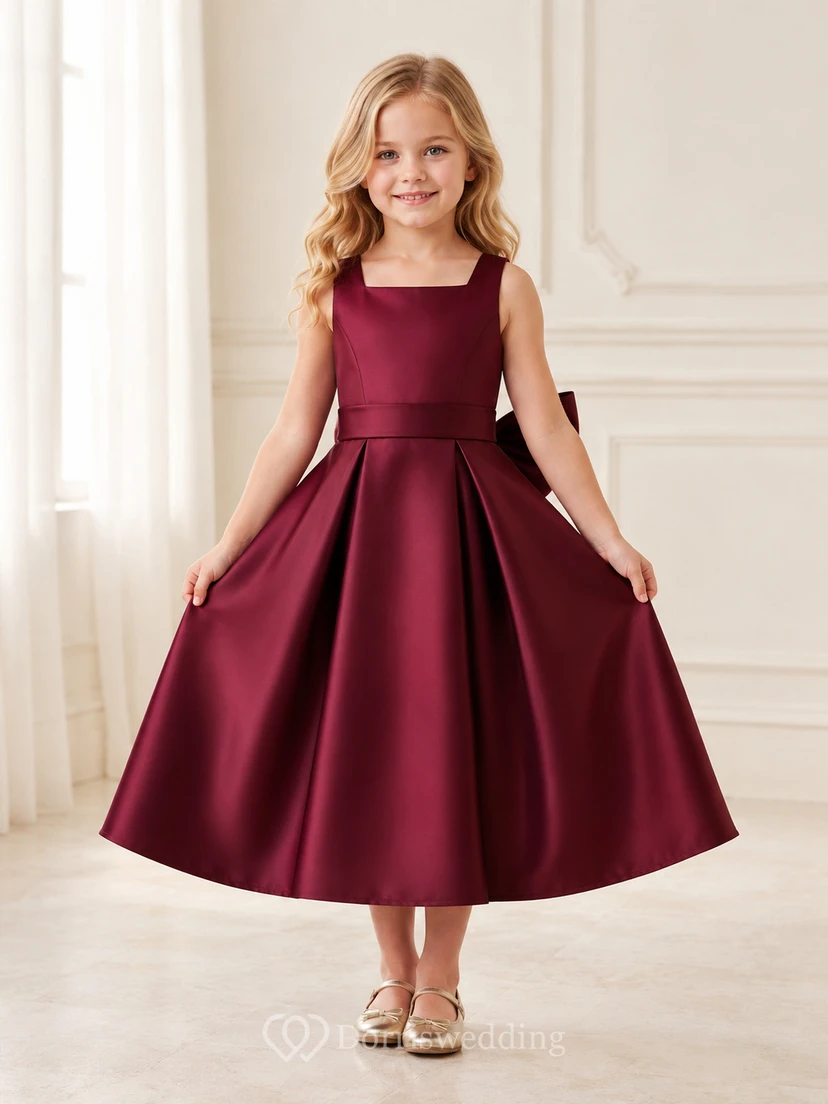 Robe de demoiselle d'honneur bordeaux en satin, col carré, sans manches, longueur thé, coupe trapèze, avec nœud, idéale pour un mariage champêtre.