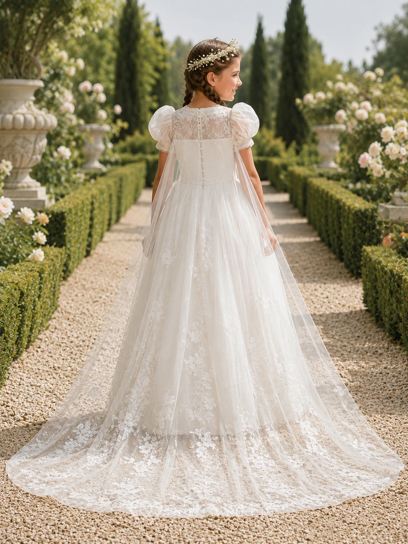 Romantisches Ballkleid mit Puffärmeln, Spitzencape und Schleppe für die Erstkommunion view 2