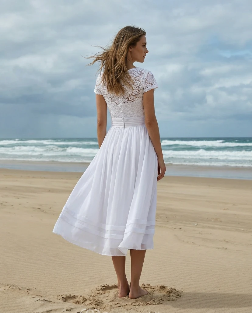White Lace Tea-Length A-Line Wedding Dress view 2