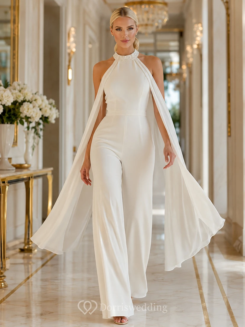 Eleganter Braut-Jumpsuit aus Satin mit hohem Kragen, Neckholder, weitem Bein und Cape-Rücken