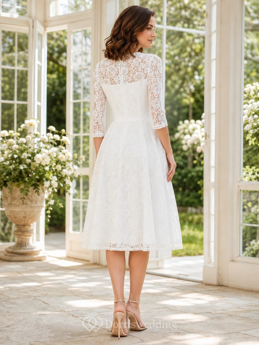 White Bateau Three-Quarter Sleeve Lace A-Line Tea-Length Vintage Cocktail Dress view 2