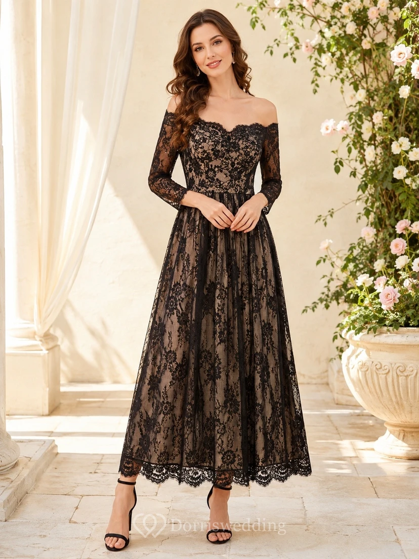 Romantic Black Off-the-shoulder Long Sleeve Lace A-Line Tea-length Dress