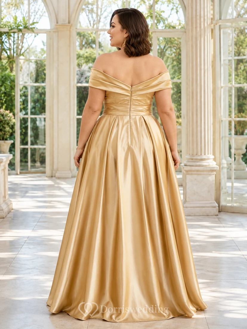 Gold Plus Size Off Shoulder Satin Ball Gown Formal Evening Dress view 2